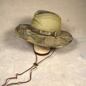 Redhead Camouflage Bucket Hat Khaki Mesh Vented Wide Brim Leather Camo Sunhat